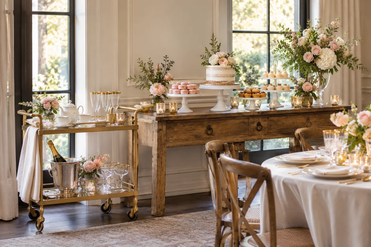 Gold tea trolley beside a wooden dessert display with white cake stands and blush flowers
