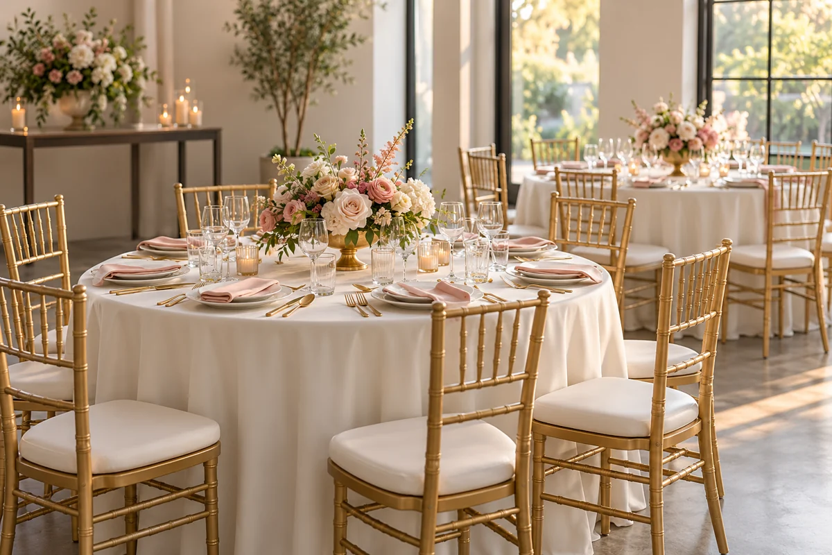 Small indoor reception with ivory tablecloths and gold chairs